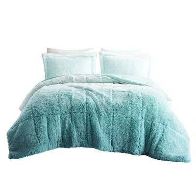 Hanni Ombre Shaggy Faux Fur Comforter - , Warm & Comfortable For Soft In Aqua