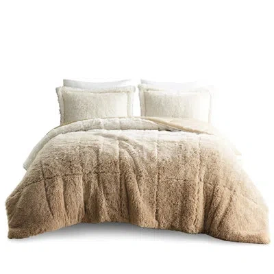 Hanni Ombre Shaggy Long Fur Comforter - , , Warm Faux Mink Reverse With Shams , Filled, Reverse, 2 Coordin In Natural