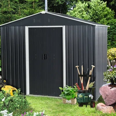 Hanni Outdoor 8ft X 6ft Metal Storage Shed - Galvanized Steel Construction, Integrated Punched Vents, Slid In Black