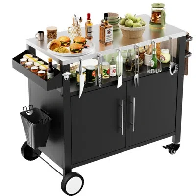 Hanni Outdoor Bar Cart With Lockable Wheels And Storage For Cooking Utensils - Organize Your Kitchen, Blac In Stainless Steel