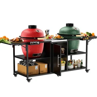 Hanni Outdoor Grill Cart For Two Big Egg And Similar Models - Metal Table With 6 360 Wheels, 4 Lockable, B In Stainless Steel