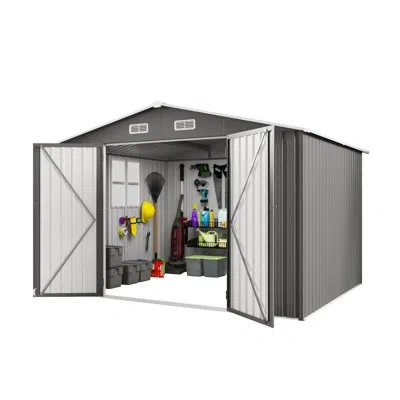 Hanni Outdoor Storage Shed 10 X 8 Ft, Gray Metal, Lockable Door, Air Vent, And Cottage - Style Window For 