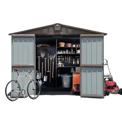 Hanni Outdoor Storage Shed 8.2' X 6.2' - Metal Steel For Patio Lawn Garden Double Lockable Doors, Air Vent In Brown
