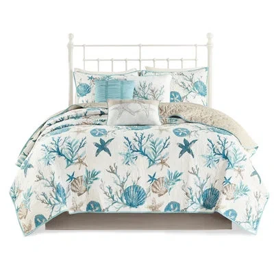 Hanni Pebble Beach Bedroom Quilt - Full/queen 6 Piece With Shells, Starfish And Corals Design Cotton Piece In Blue