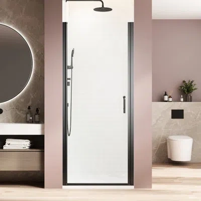 Hanni Pivot Single Glass Panel Shower Door, 28 Wide, Matte Black Stainless Steel, Waterproof And Space Sav