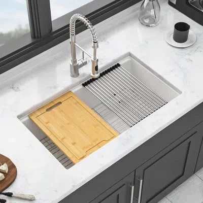 Hanni Quartz Kitchen Sink 33x19" White - Robust Workstation Undermount With Added Feature Features In Silver