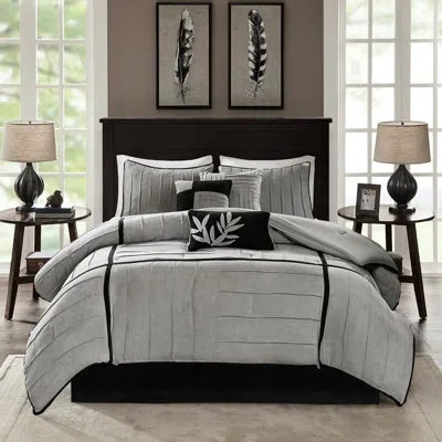 Hanni Queen Beige Bedding Comforter - 7 Piece Faux Suede Fill Bed In Gray