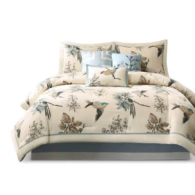 Hanni Queen Comforter 7 Piece, Cotton Twill Fabric, Leaf & Bird Print, 2 Shams, 3 Decorative Pillows, 1 ,  In Neutral