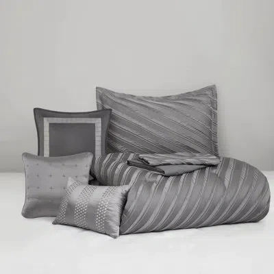Hanni Queen Comforter Grey 7 Pcs - Modern Elegance Diagonal Striped, Shimmering Bedding, Matching Shams, D