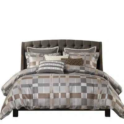 Hanni Queen Duvet Comforter Of 8 Pieces In Taupe, Multi - Color Geometric , Classic Checkerboard, Luxury B In Multicolor