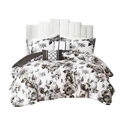 Hanni Queen Floral Comforter With Black And White Design, Soft Microfiber, 2 Matching Shams, Square Pillow In White+black