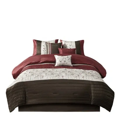 Hanni Queen Size Red 7 Piece Comforter - Embroidery Design 100% Machine Washable Comforter, Shams, Pillows In Multi