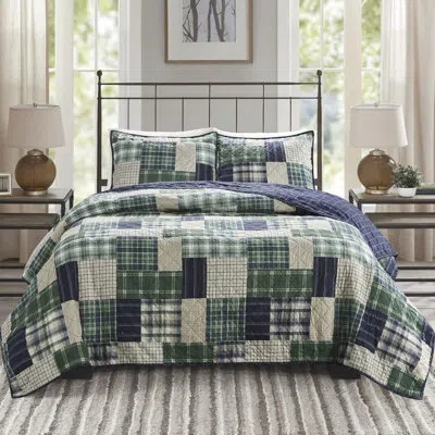 Hanni Quilt - Black/brown, Reversible, Lodge Style Update, Cotton Filled Shams Pieced Border, Soft Hand Fe In Navy