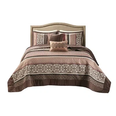 Hanni Red King 5 Piece Reversible Bed - Elegant Geometric Leaf And Medallion , 100% With Solid Color Rever In Brown