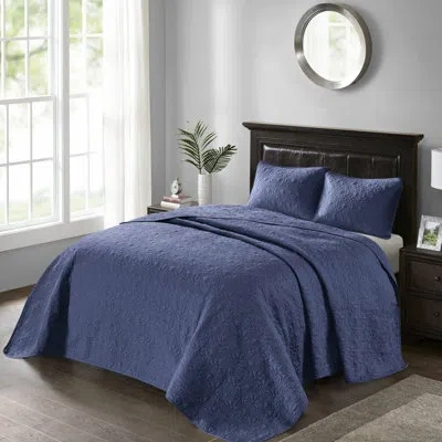 Hanni Reversible Bedspread Navy Queen - Classic Pattern Cotton Filling Two Matching Shams Soft Design Mach In Blue