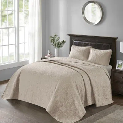 Hanni Reversible Khaki King Bedspread - Classic Stitch Pattern Pre-washed Cotton For Durability Oversized  In Brown
