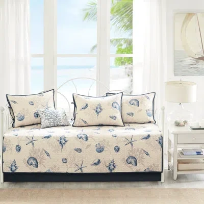 Hanni Reversible Microfiber Daybed , Blue Print, 6, 17" Drop Cover, 15" , 3 Shams, 1 Decorative Pillow, Co