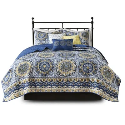 Hanni Reversible Quilt For Bedroom - Blue, Floral Embroidery, 100% Microfiber Bedding Blue, Medallion, Emb