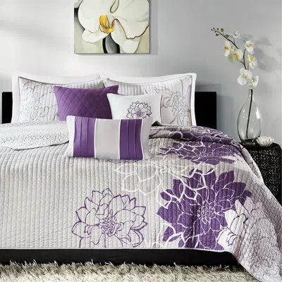 Hanni Reversible Quilt In Purple Cotton Fabric, Full/queen Bedding 6 Piece Bedroom With And Solid Color Sh