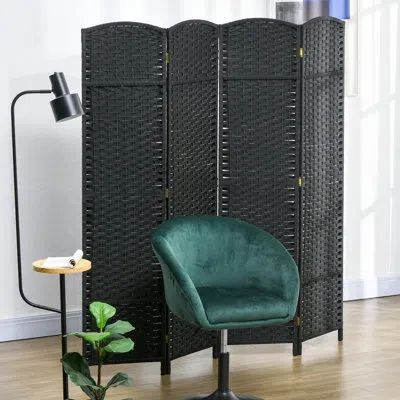 Hanni Room Divider 4 Panel, 5.6' Tall Folding Privacy Screen. Black With Modern Hand-woven Pattern And All