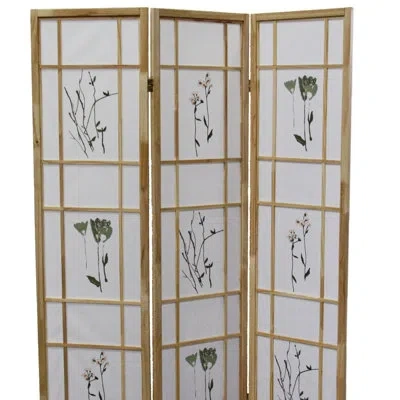 Hanni Room Divider 70" Tall 3, Natural Solid Pine With Floral Print, Traditional Asian, 50w X 70h Inches 3 In Yellow