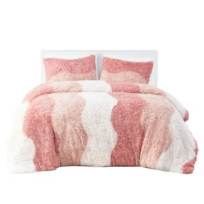 Hanni Shaggy Faux Fur Comforter Full, Ombre Tonal Wave Striped, , Machine Washable Full , Filling, 2 Shams In Pink,white