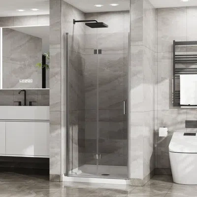 Hanni Shower Door - 34"x 72" Tempered Glass Black 180 Zinc Alloy Hardware Space Saving Foldable For Small 