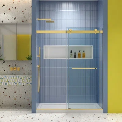 Hanni Sliding Door Bypass Shower - 5/16" Tempered Glass,  Soft Close, Explode Film, Easy Clean Treatment,  In Brushed Gold