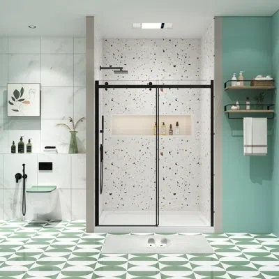 Hanni Sliding Shower Door For Bathroom - 5/16" Tempered Glass, Adjustable Channel With Glass Leak & Easy I In Matte Black