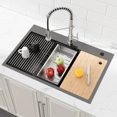 Hanni Stainless Steel 33x22 Kitchen Sink Black - Handmade Workstation With Optimal Functionality 33" X 22"