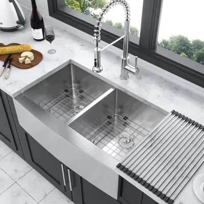 Hanni Stainless Steel Apron Front Double Bowl Sink - 33"x21"x10", With Barrier Coating Kitchen 33x21x10 In In Silver