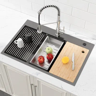 Hanni Stainless Steel Kitchen Sink 33x22, Black Overmount Single Bowl With Cutting Board, Minimizes Bumps  In Silver