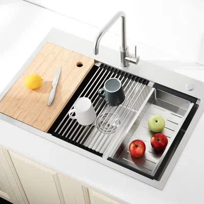 Hanni Stainless Steel Sink 33"x22", Overmount Installation, Single Bowl - Strong And Stable, Easy Drainage In Silver