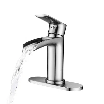 Hanni Stylish Waterfall Bathroom Faucet Single Handle - Brushed Nickel With Deck Plate & Overflow Pop Up D