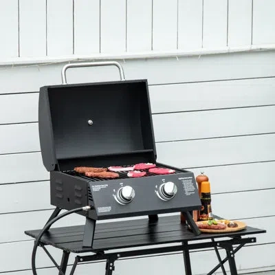 Hanni Tabletop Gas Grill, 2 Burner Portable. Foldable Legs, Lid, Thermometer. Black, Excellent For Camping In Stainless Steel