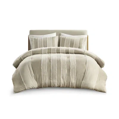 Hanni Taupe Comforter 3 Piece - Cotton Cover Filling Stripes & Trim Washable By Machine Delicate Touch Fab