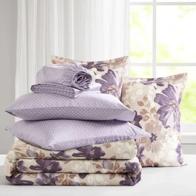 Hanni Taupe Full Floral Bed With Comforter, Sheets, 2 Shams, 1 Flat Sheet, Fitted Pillowcases, Soft Brushe