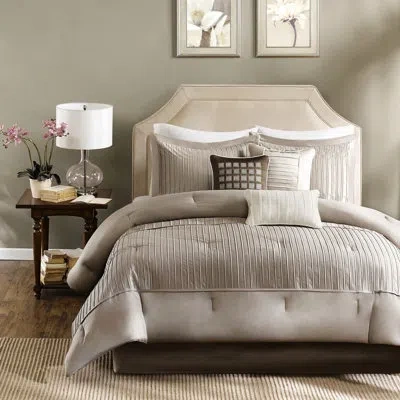 Hanni Taupe Queen Comforter - 7 Piece Charmeuse, , Pleated Decorative Pillows And Charmeuse Bedspread Quee In Neutral