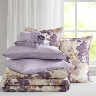 Hanni Taupe Queen Floral Bed In A Bag, Comforter With 2 Shams, 1 Flat Sheet, Fitted Pillowcases, Soft Brus