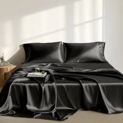 Hanni Twin Black Luxury Satin 4 Pcs Sheet - 100% , Wrinkle , Soft On Skin, Reduces Hair Breakage, , 1 Flat