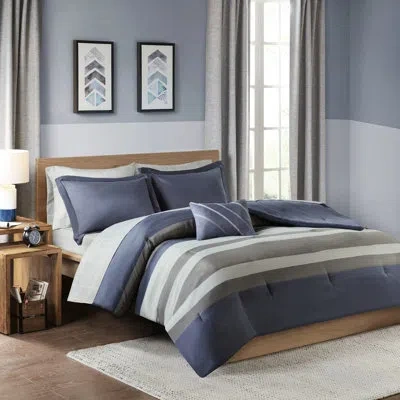 Hanni Twin Comforter With Blue Grey Striped Sheets And Pillow - Calm & Bedding For A Bedroom In Blue+grey