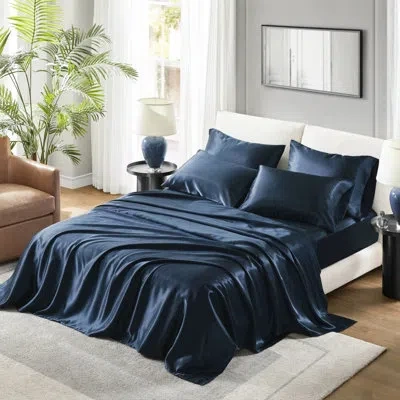 Hanni Twin Satin Luxury Bed Sheet - Wrinkle- Grace. Fits Up To 16" Mattresses. Includes 1 Flat Sheet, Fitt In Dark Blue