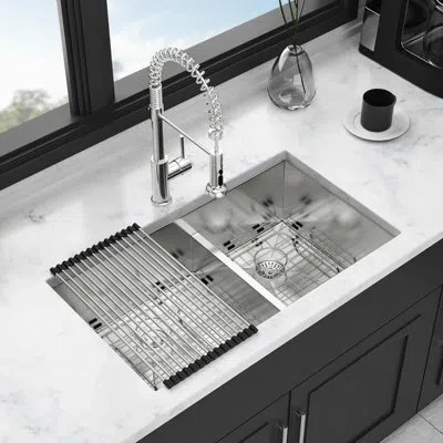 Hanni Undermount Double Bowl  60/40  Kitchen Sink, 30x19x10 Inch, 16 Gauge, Two 10" Deep Basins, Crafted B In Brushed Nickel
