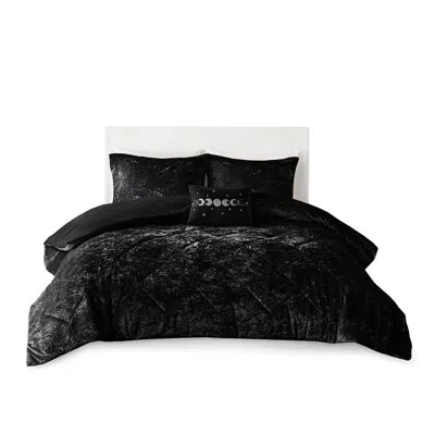 Hanni Velvet Duvet Cover Full - Blush Fabric, 2 Shams, Diamond Inner Ties, Button Closure Bedding In Black