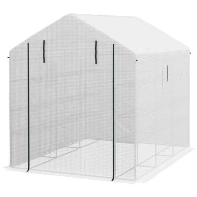 Hanni Walk-in Greenhouse 8'x6'x7', Protective, Mesh Door & Windows, 18 Shelf For Flower, Herb, Vegetable N In White