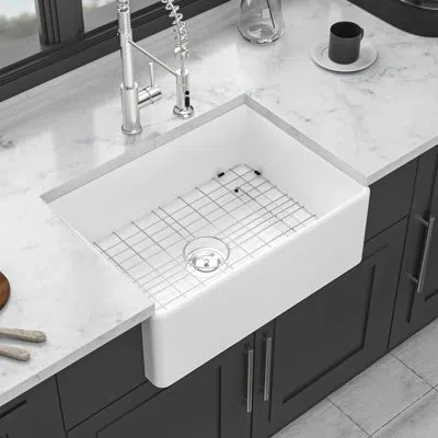 Hanni White 28 - Inch Ceramic Single Bowl Sink For Kitchen: Deep Bowls, Drain Assembly, Bottom Grid, 304 S