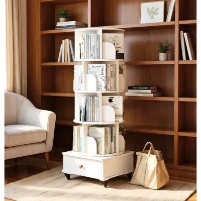 Hanni White 5 Tier 360 Rotating Wood Narrow Floor Standing Corner Bookshelf With Drawer, Book Shelf Organi