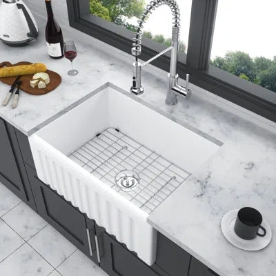Hanni White Apron Front Ceramic Sink 24 Inch - Single Bowl, For Kitchen & Laundry Front, Color Coordinated In Silver