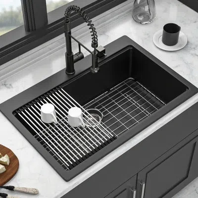 Hanni White Quartz 33" X 22" Kitchen Sink, Advanced Composite Workstation, Easy To Wipe, Non - Scratching, In Black
