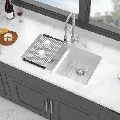 Hanni White Quartz 33x19" Double Bowl  50/50  Undermount Kitchen Sink, High - End, And Smooth, Package Wit In Silver